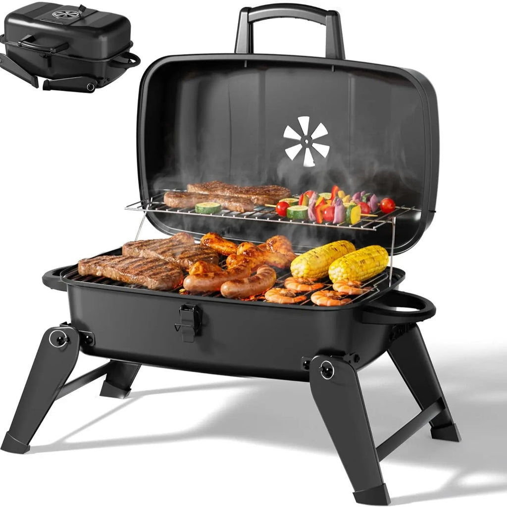Portable Foldable Stainless Steel Charcoal & Gas BBQ Grill, 330 sq in Cooking Area