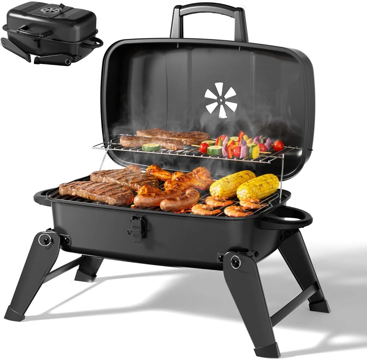 Portable Foldable Stainless Steel Charcoal & Gas BBQ Grill, 330 sq in Cooking Area