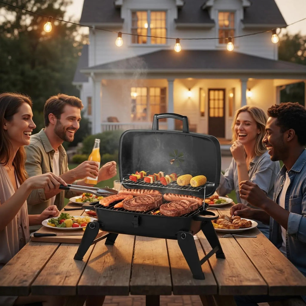 Portable Foldable Stainless Steel Charcoal & Gas BBQ Grill, 330 sq in Cooking Area