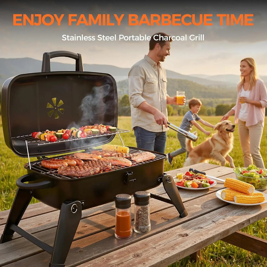 Portable Foldable Stainless Steel Charcoal & Gas BBQ Grill, 330 sq in Cooking Area