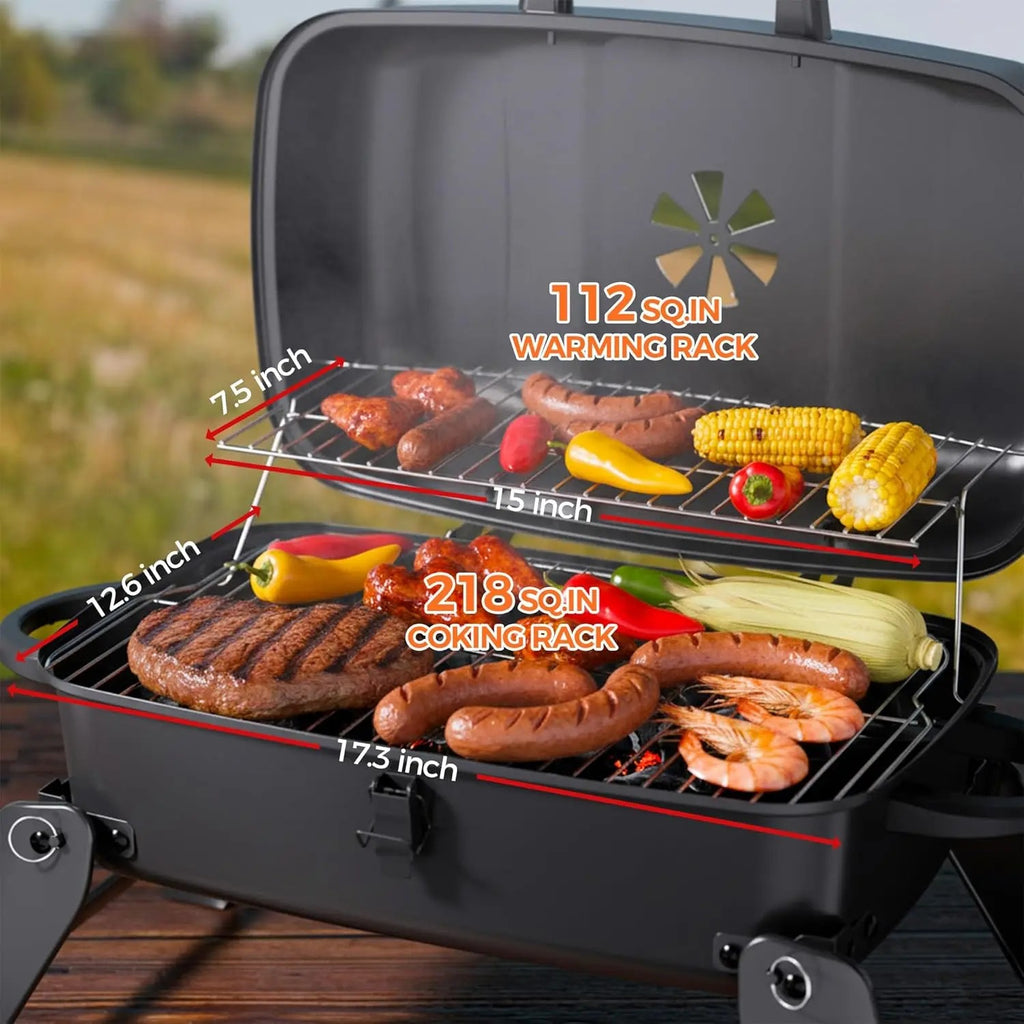Portable Foldable Stainless Steel Charcoal & Gas BBQ Grill, 330 sq in Cooking Area